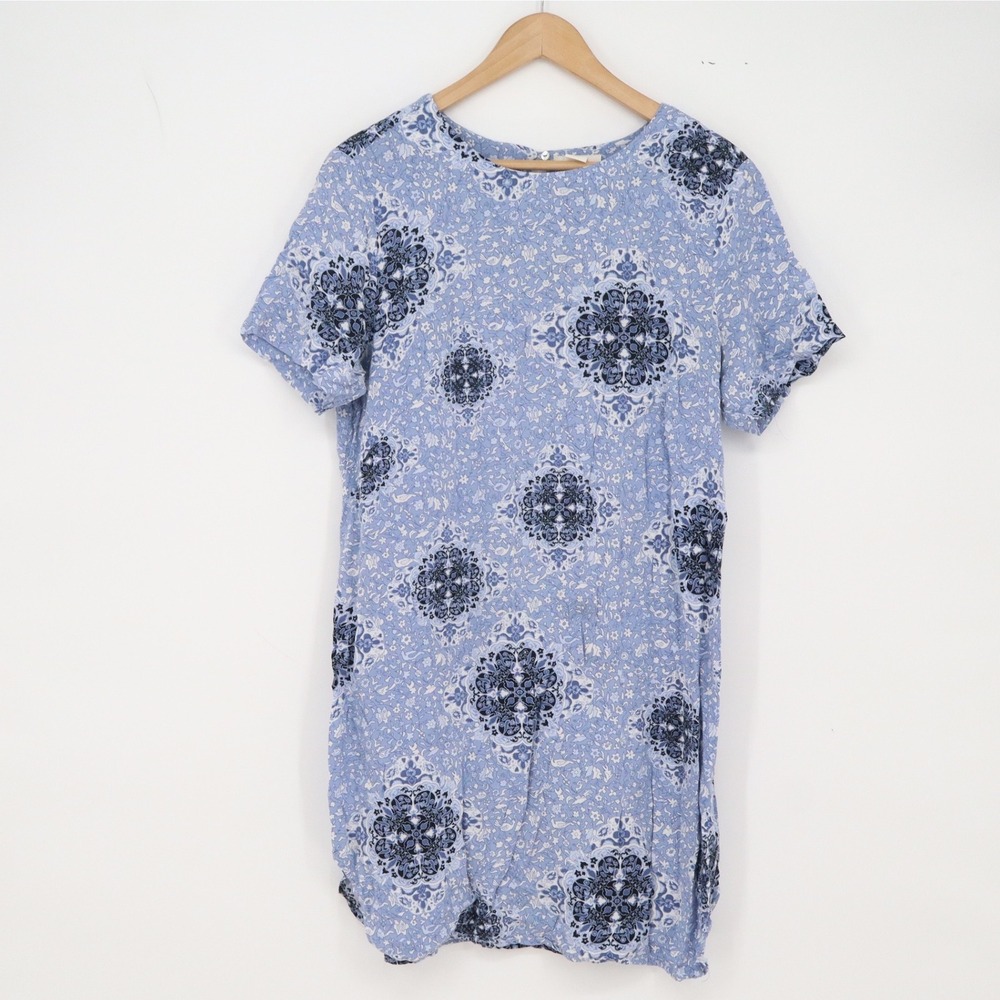 H&M Dress Womens 12 Shift Blue Floral Medallion Short Sleeve Excellent
